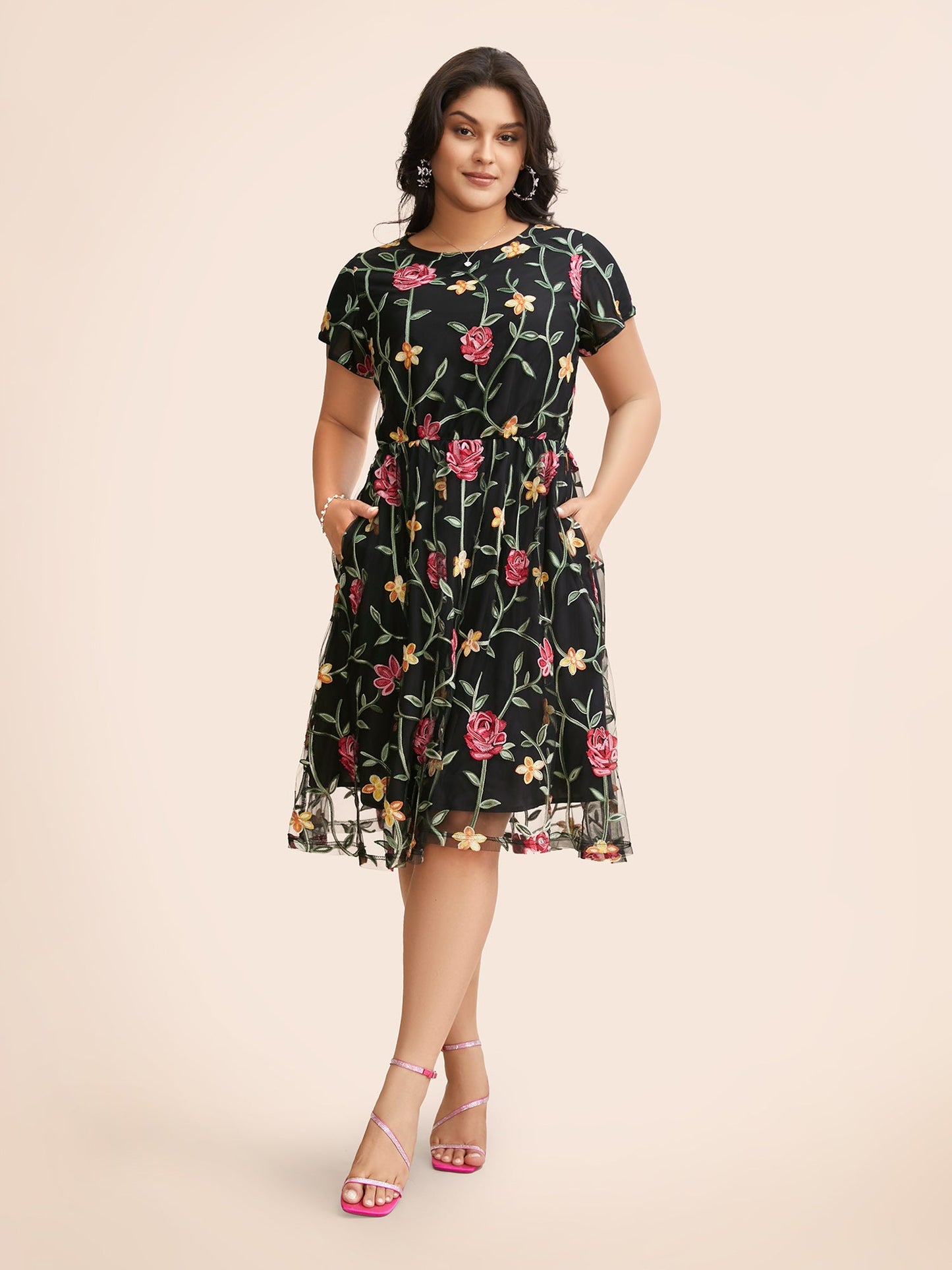 Floral Embroidered Mesh Backless Dress