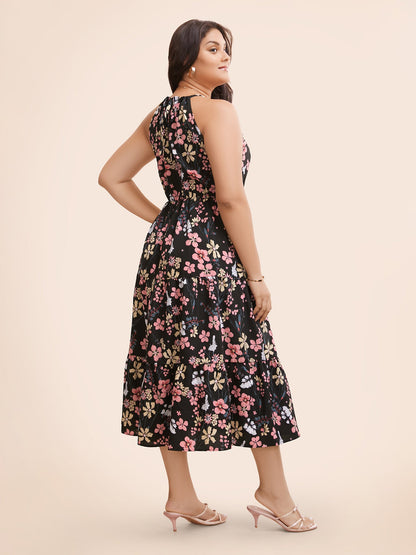 Floral Halter Neck Ruffle Hem Dress