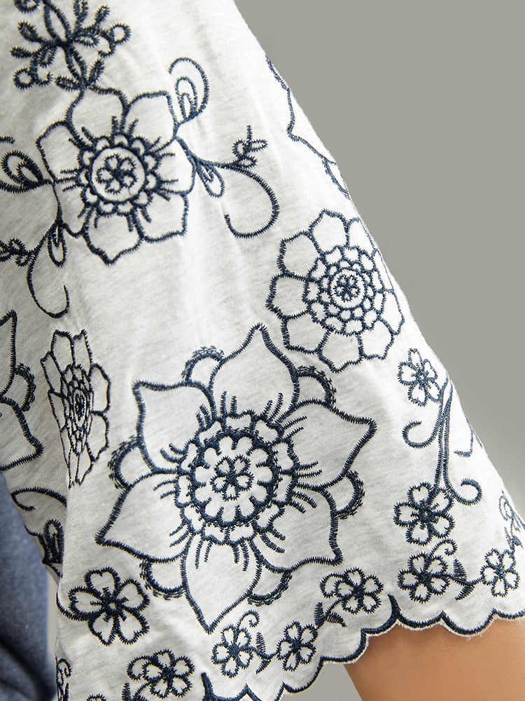 Contrast Embroidered Scalloped Trim T-shirt
