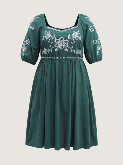 Pure Cotton Floral Embroidery Knee-Length Dress