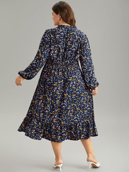 Ditsy Floral Notched Shirred Pocket Elastic Waist Dress