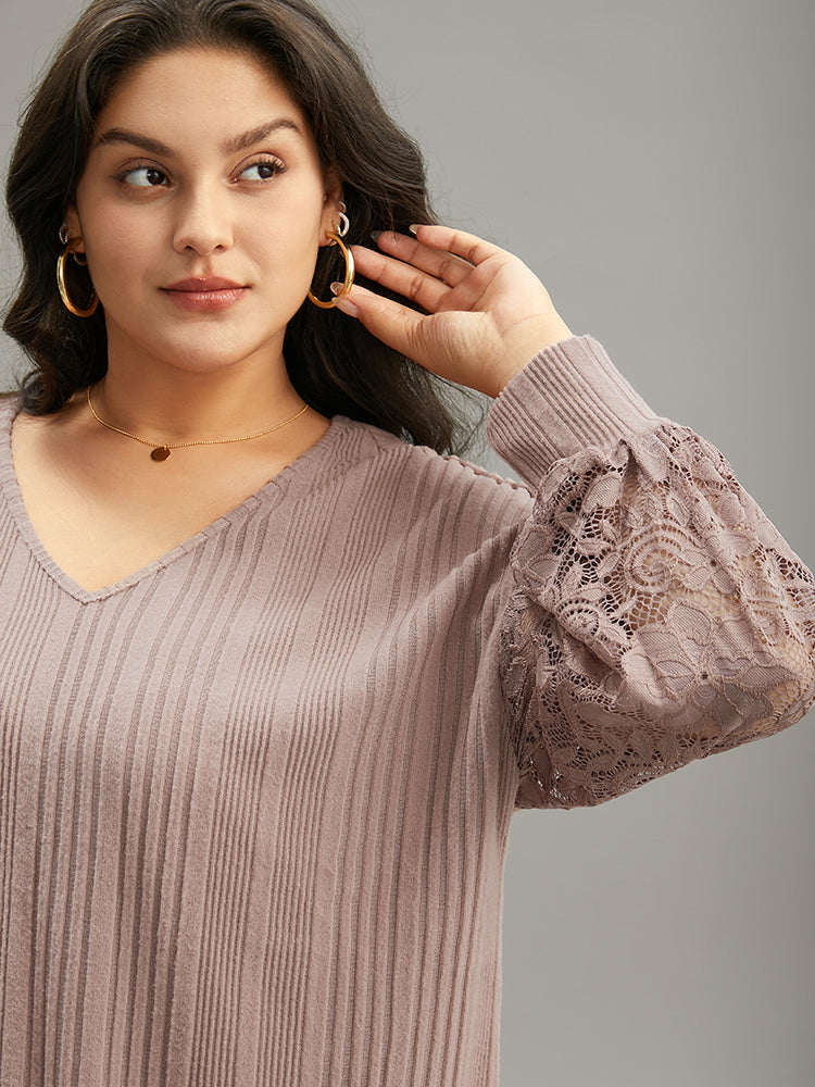 Lace Panel V Neck Lantern Sleeve Sweatshirt
