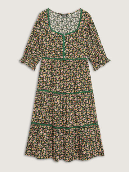 Dense Floral Print Stretchy Waist Maxi Dress