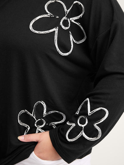 Floral Cord Embroidery Round Neck Sweatshirt