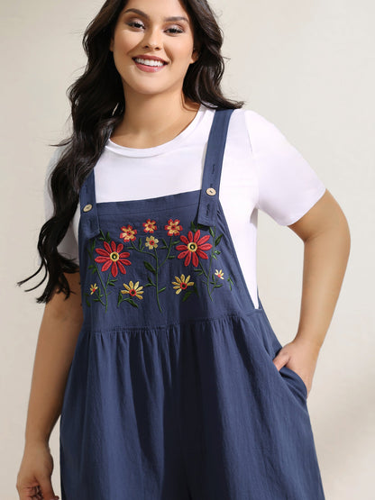 Pure Cotton Floral Embroidery Overall Jumpsuit