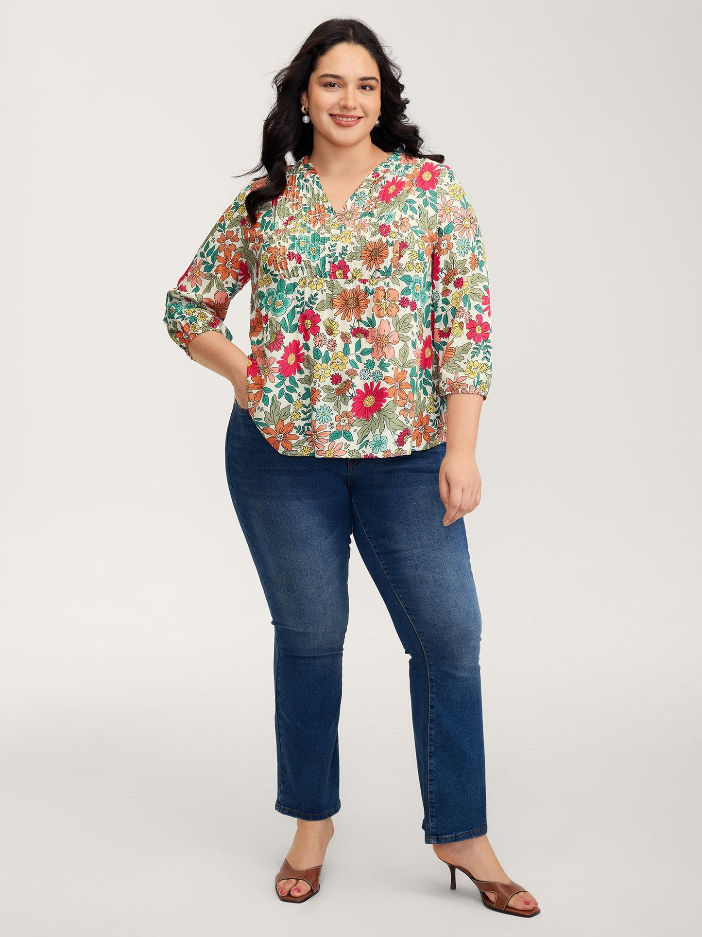 Supersoft Large Floral Print Pleated Neck Blouse