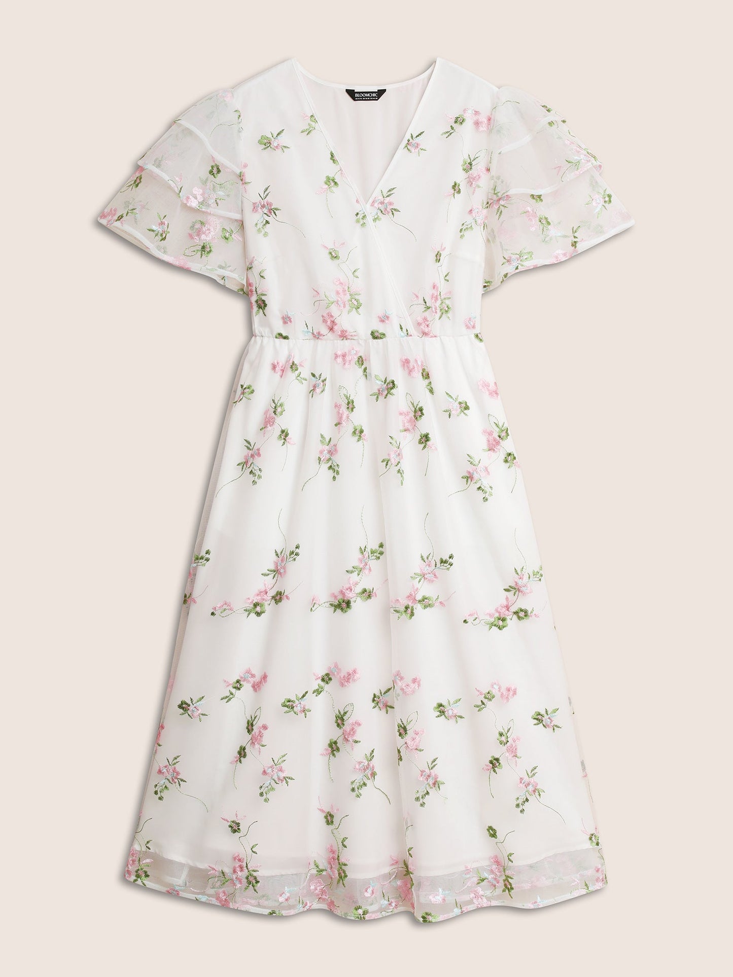 Overlap Collar Mesh Floral Embroidered Tiered Ruffles Dress