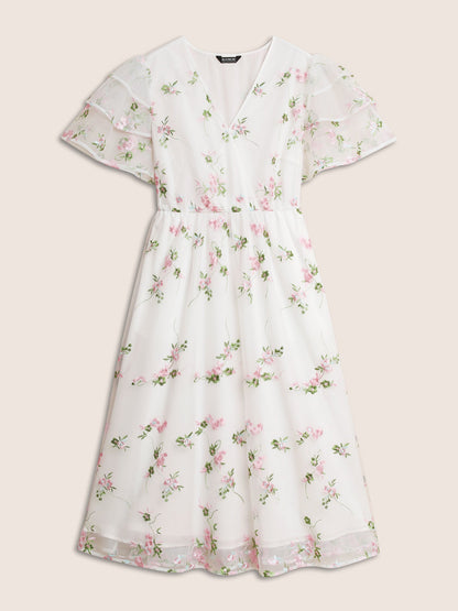 Overlap Collar Mesh Floral Embroidered Tiered Ruffles Dress