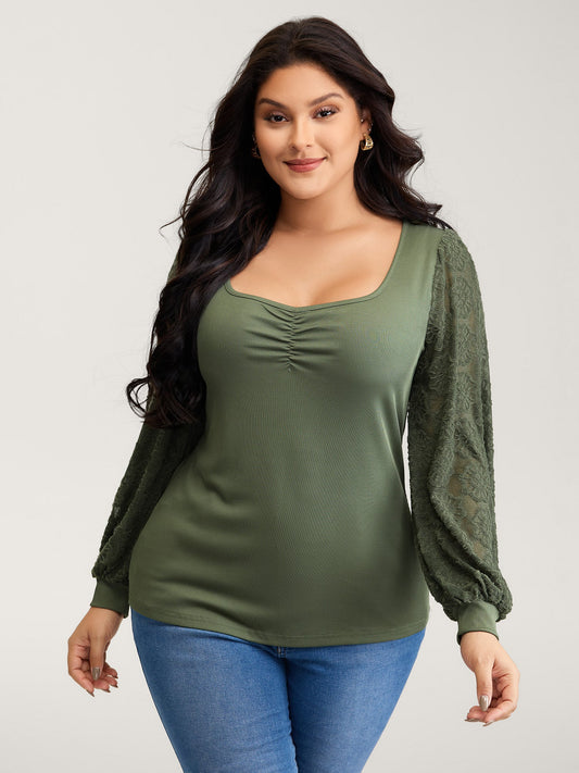 Ruched Deep-Neckline Solid Knit Top