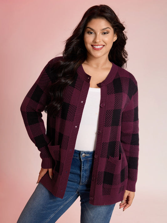 Checkered Jacquard Buttons Pockets Knit Cardigan