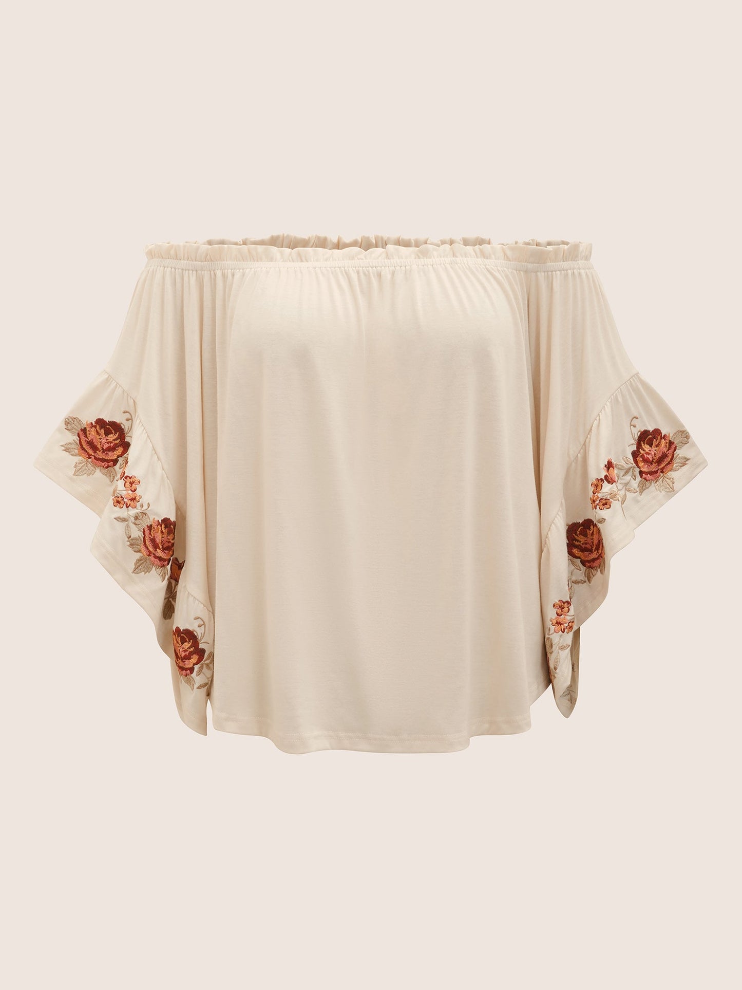 Off Shoulder Floral Embroidered Ruffle Sleeve T-shirt