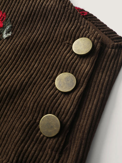 Corduroy Embroidered Patch Pocket Overall Jumpsuit