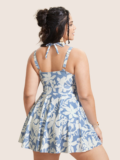 Overlap Collar Silhouette Floral Print Swim Dress