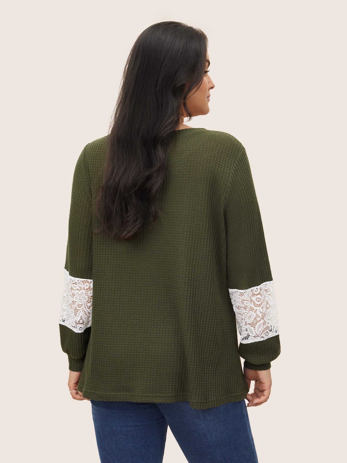 Waffle Knit Contrast Lace Patchwork T-shirt