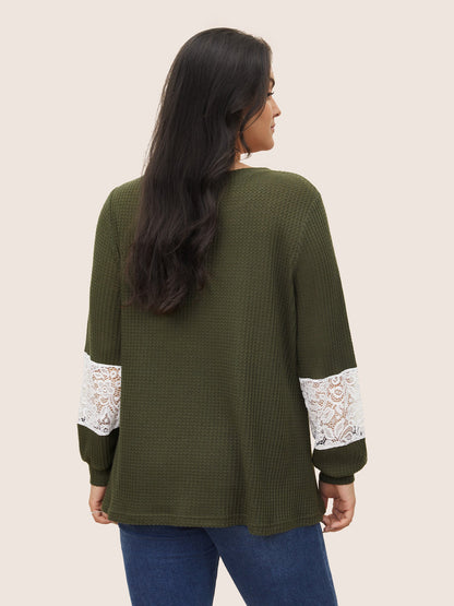 Waffle Knit Contrast Lace Patchwork T-shirt