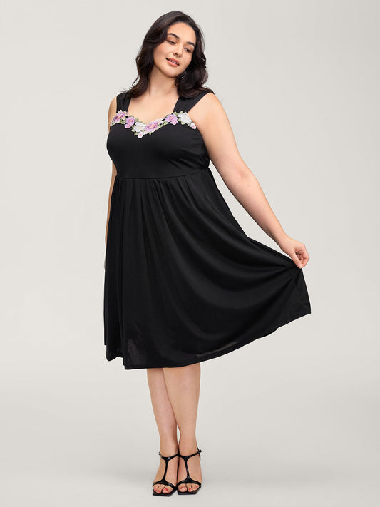 Floral Embroidered Neckline Lace Trim Midi Dress