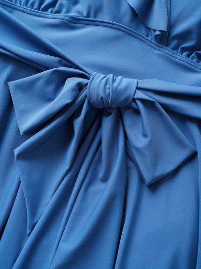 Solid Ruffle Trim Tie Knot Swim Dress