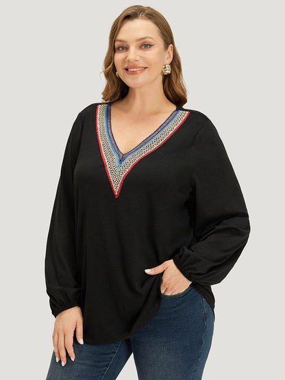 Contrast Webbing V Neck Elastic cuffs T-shirt
