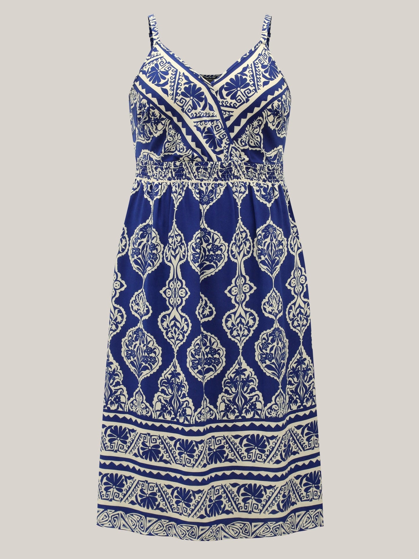 Boho Print Shirred Pockets Midi Dress