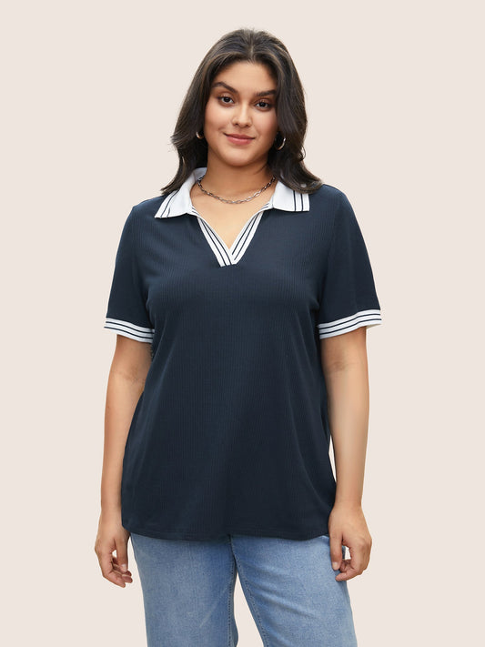 Striped Patchwork Polo Neck Rib Knit T-shirt