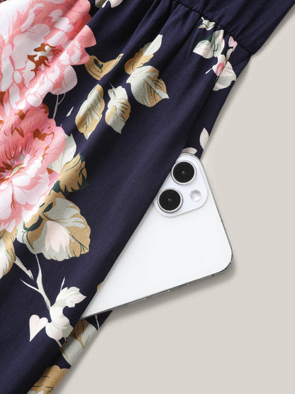 Ruffled Neck Off-Shoulder Floral Midi Dress