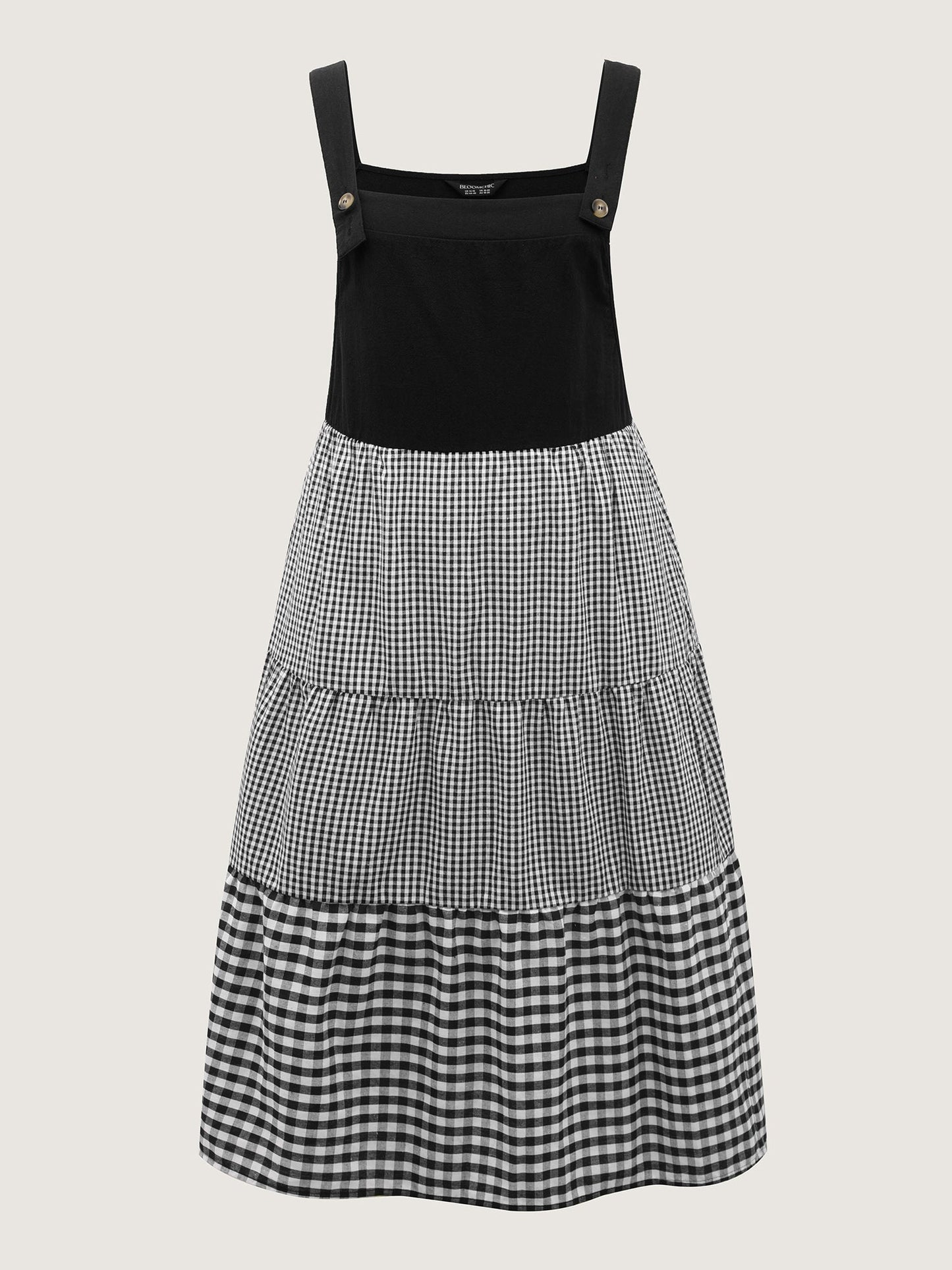 Cotton Gingham Patchwork Overall Strap Midi Dress