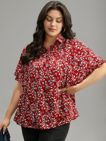 Ditsy Floral Shirt Collar Button Through Ruffle Sleeve Blouse