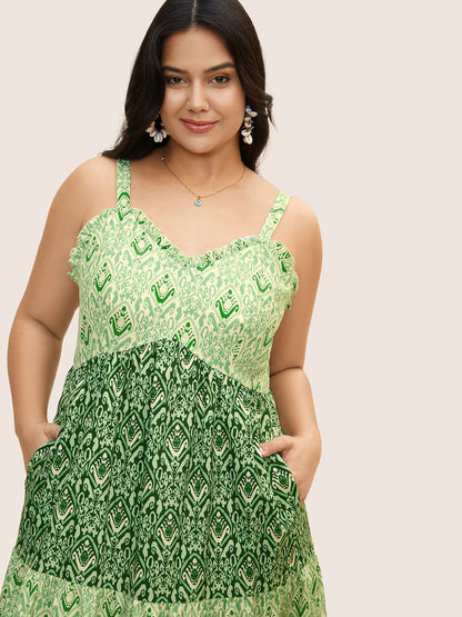 Boho Print Frill Trim Ruffle Layered Hem Dress