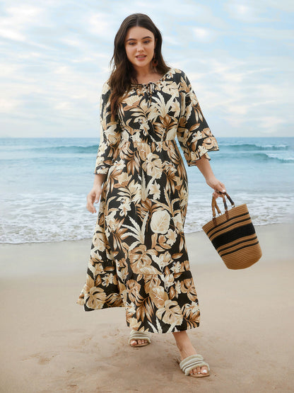 Tropical Leaf Print Neck-Tie Tiered Midi Dress