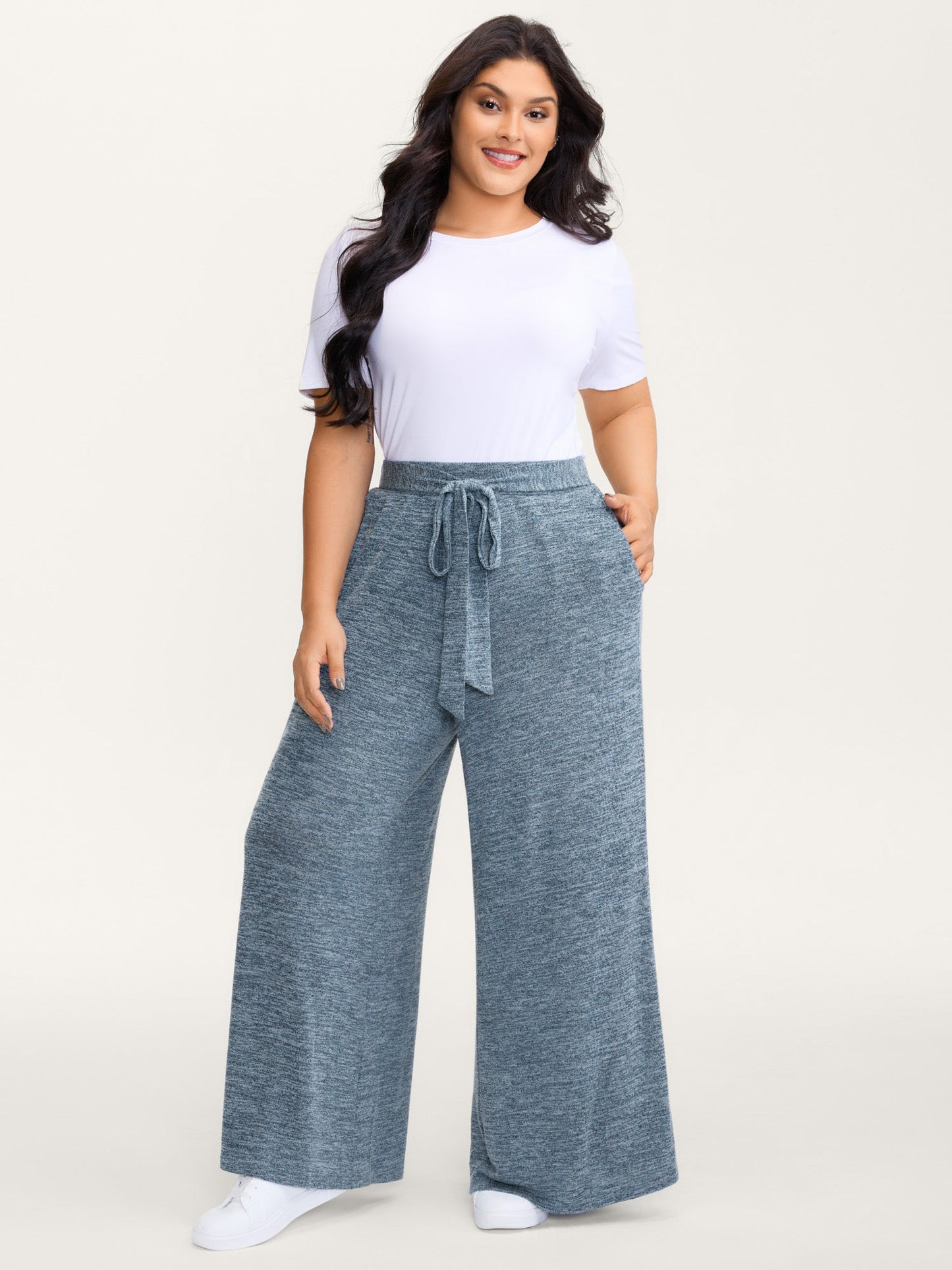 Stretchy Mixed-Color Belted Wide-Leg Pants