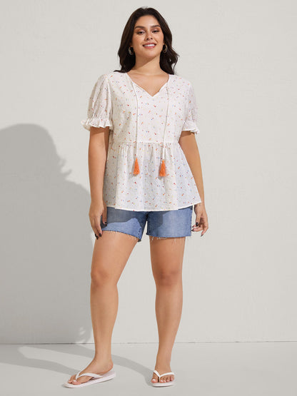 Cotton Colorful Embroidered Tassels Solid Blouse