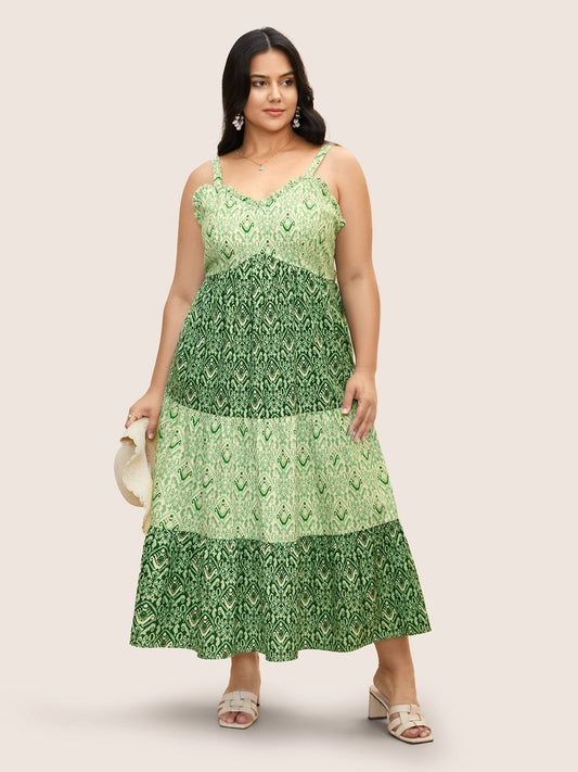 Boho Print Frill Trim Ruffle Layered Hem Dress
