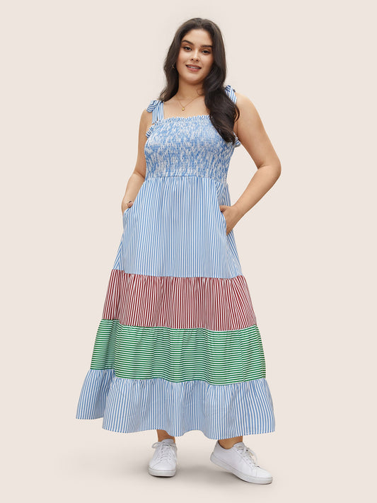 Contrast Striped Patchwork Shirred Ties Dress