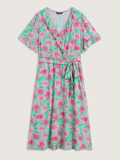 Rayon Floral Print Pockets Midi Dress