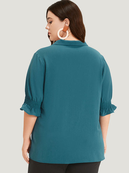 Plain Shirt Collar Shirred Button Up Ruffled Trim Blouse