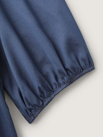 Relaxed-Fit Denim-Style Neck Tie Blouse