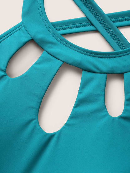 Solid Cut Out Gathered Adjustable Straps Swim Top