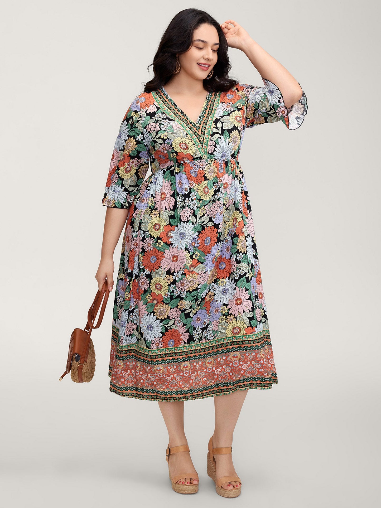 Rayon Floral Print V-Neck Maxi Dress