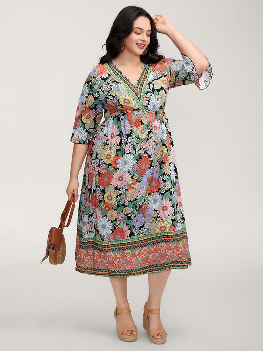 Rayon Floral Print V-Neck Maxi Dress