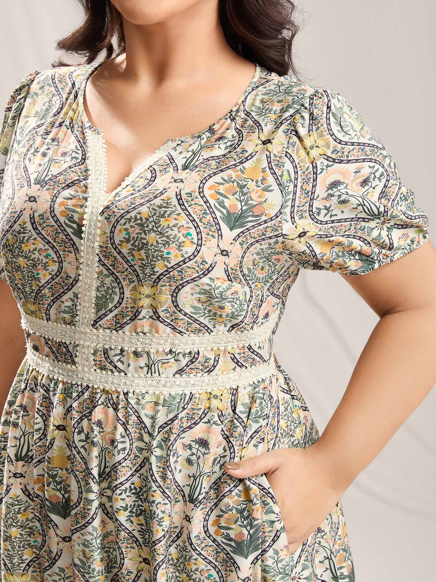 Ornate Print Lace Neck Midi Dress
