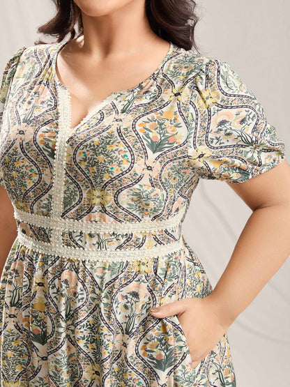 Ornate Print Lace Neck Midi Dress