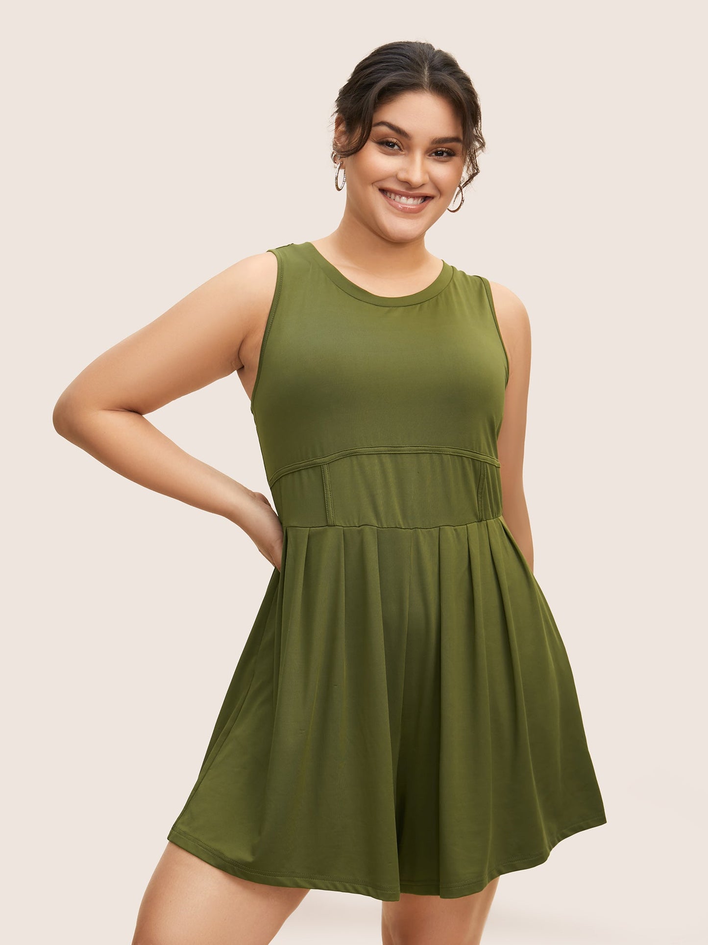 Plain Round Neck Cinching Waist Romper