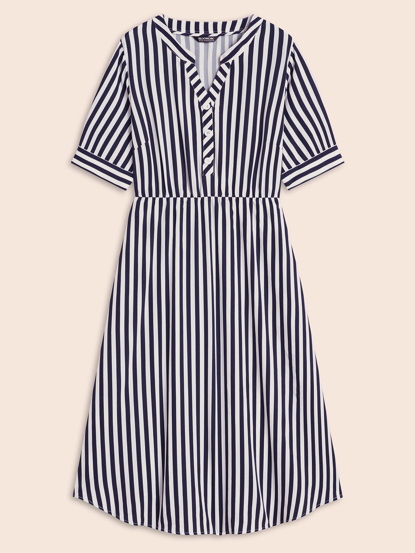 Striped Notched Button Detail Midi Dress