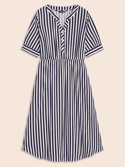 Striped Notched Button Detail Midi Dress