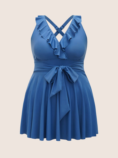 Solid Ruffle Trim Tie Knot Swim Dress