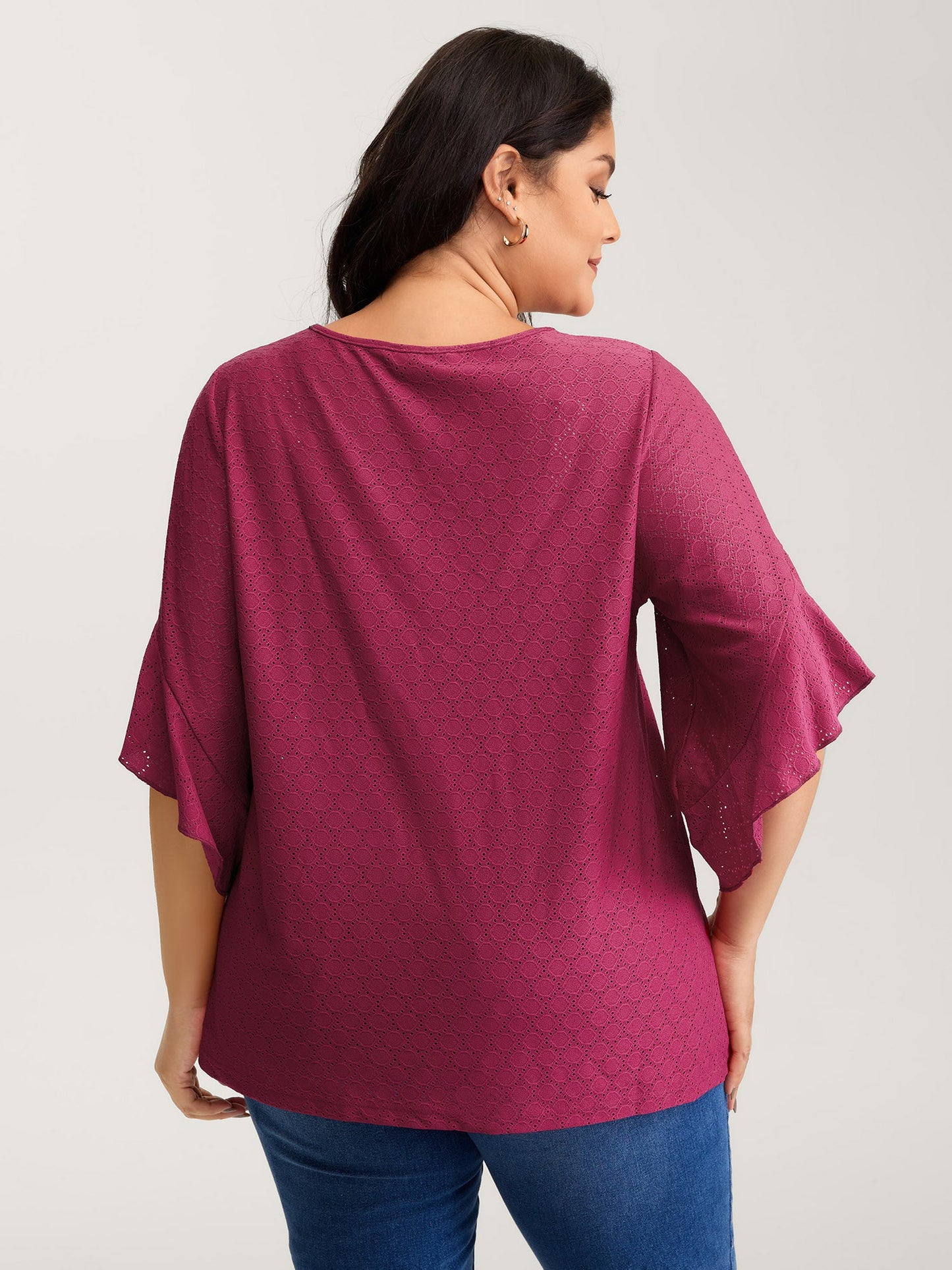 Ruffled Sleeve Textured Cut-Out Neck T-Shirt