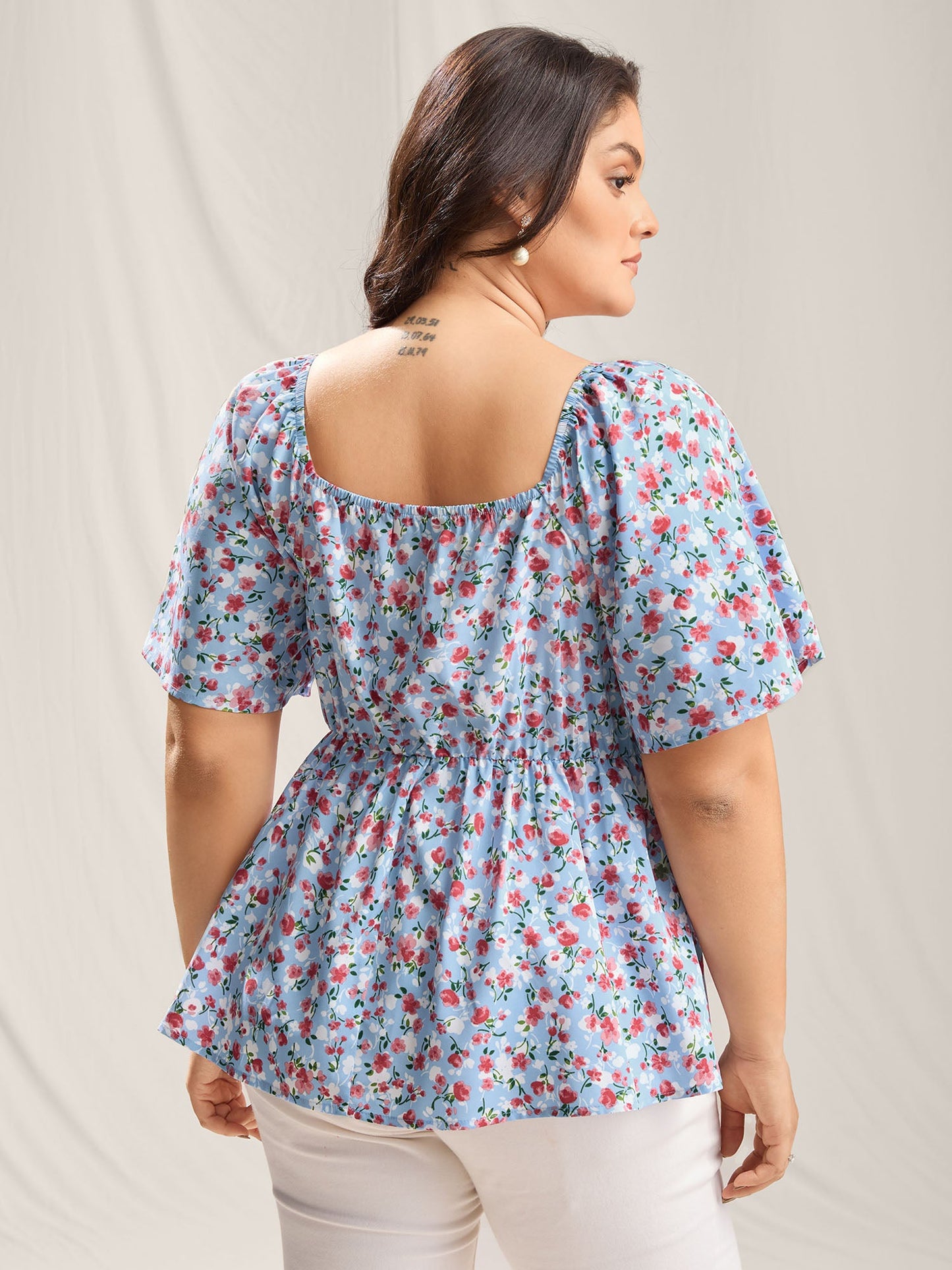 Floral Print Sweetheart Cinched-Waist Blouse