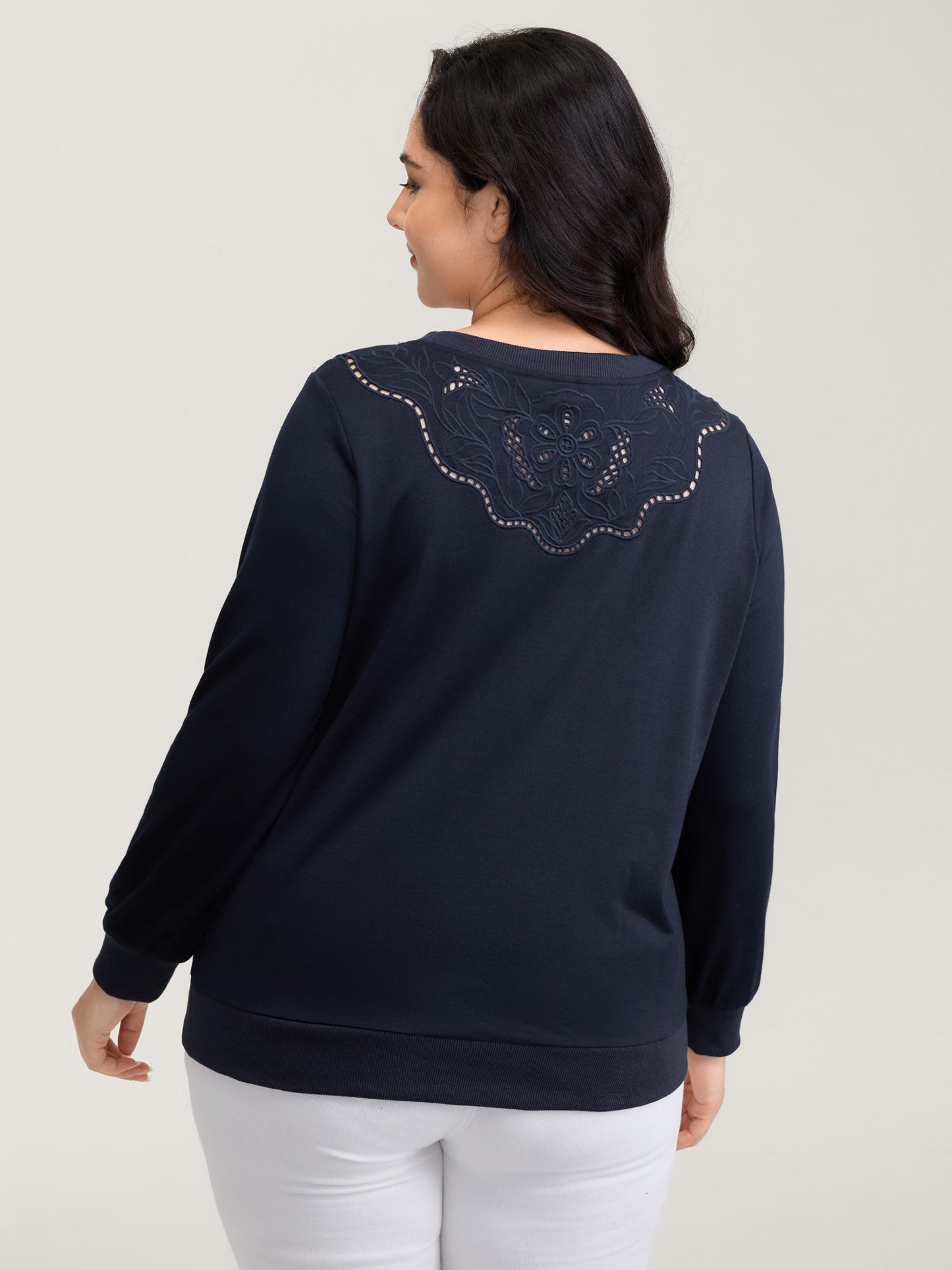 Floral Cut-Work Embroidery Solid Sweatshirt