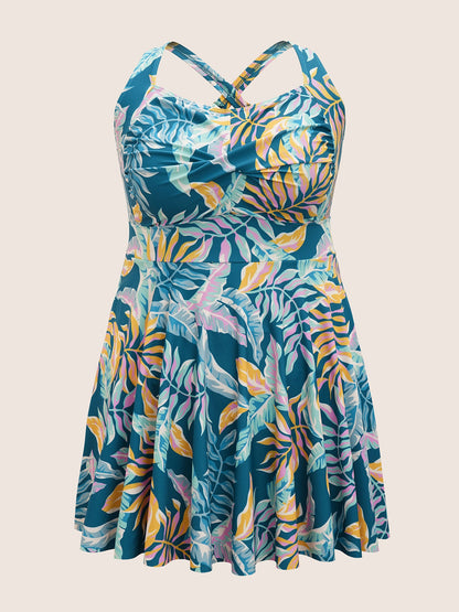 Heart Neckline Tropical Print Twist Front Swim Dress