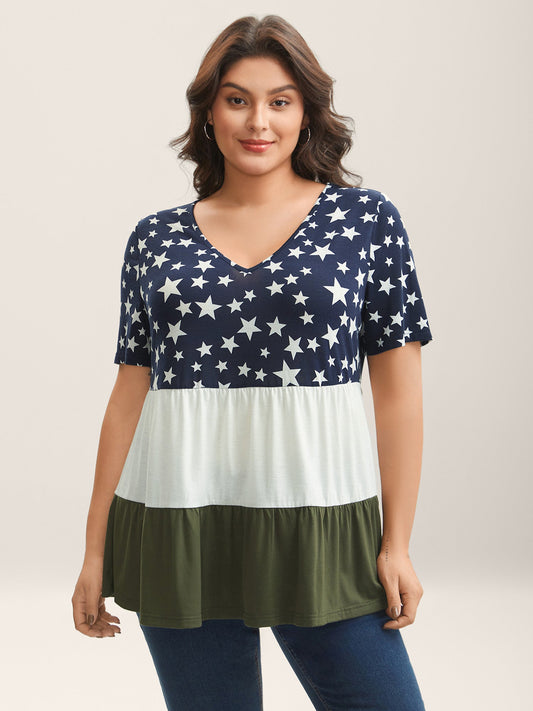Star Print Color Contrast Tiered T-Shirt
